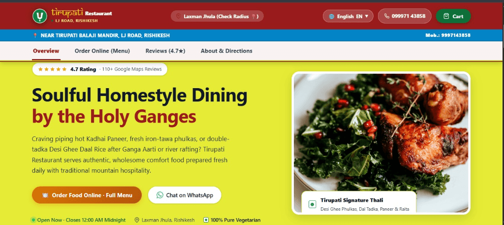 Tirupati Restaurant website delivered by Adruva Solution