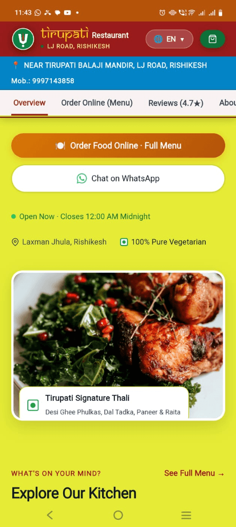 Tirupati Restaurant mobile experience